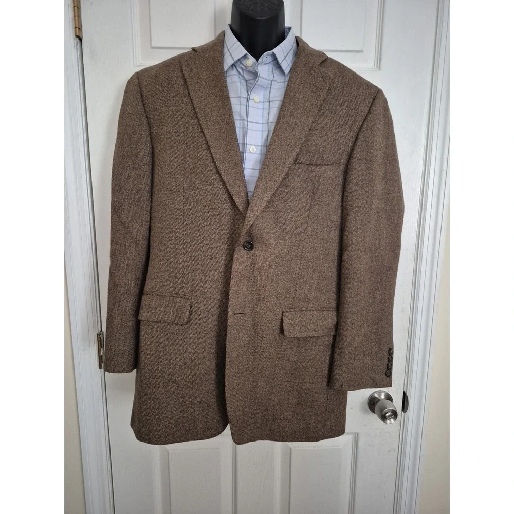Haggar Mens 42L‎ Brown Herringbone Lambswool Blazer Sport Coat 614854